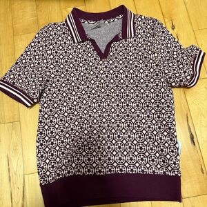 Women's Short-Sleeve Patterned Polo in Burgundy and Cream